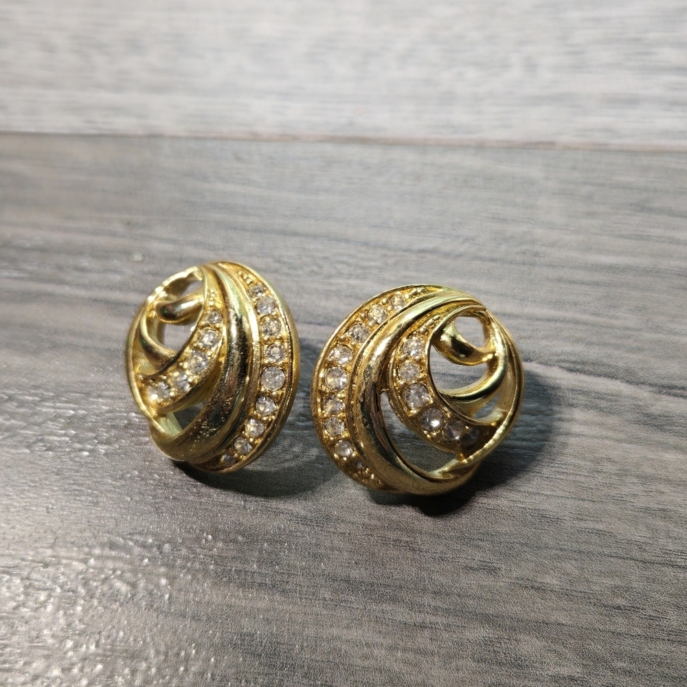 Vintage Elegant Gold and Rhinestone Swirl Earrings - Picture 3 of 5